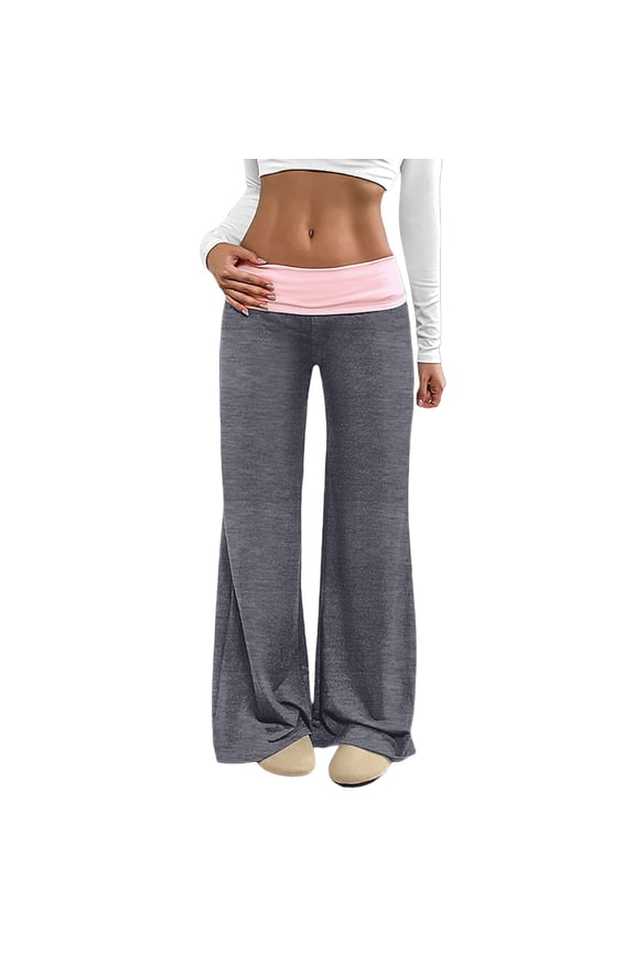 Fold Over Yoga Pants For Women Low Rise Straight Wide Leg Sweatpants Y2k Color Block Stretchy Loose Lounge Leggings
