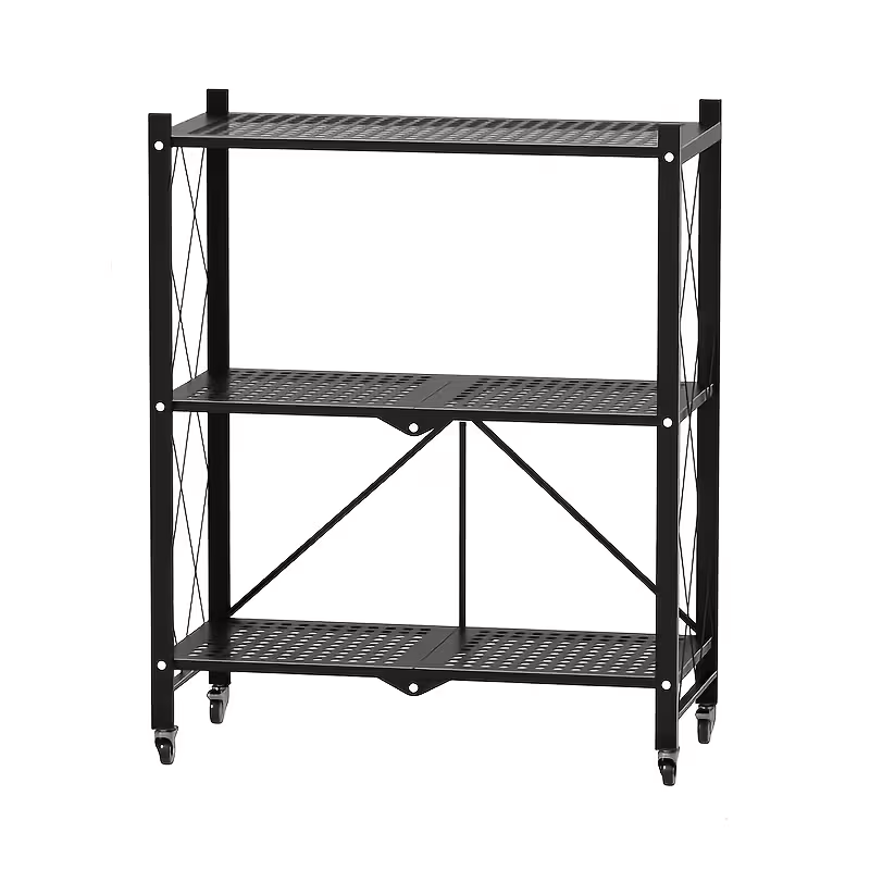 Fold & Roll 3-Shelf Storage Rack, No-Assembly Metal Organizer on Wheels for Kitchen, Pantry, Closet - Easy Collapsible, Black