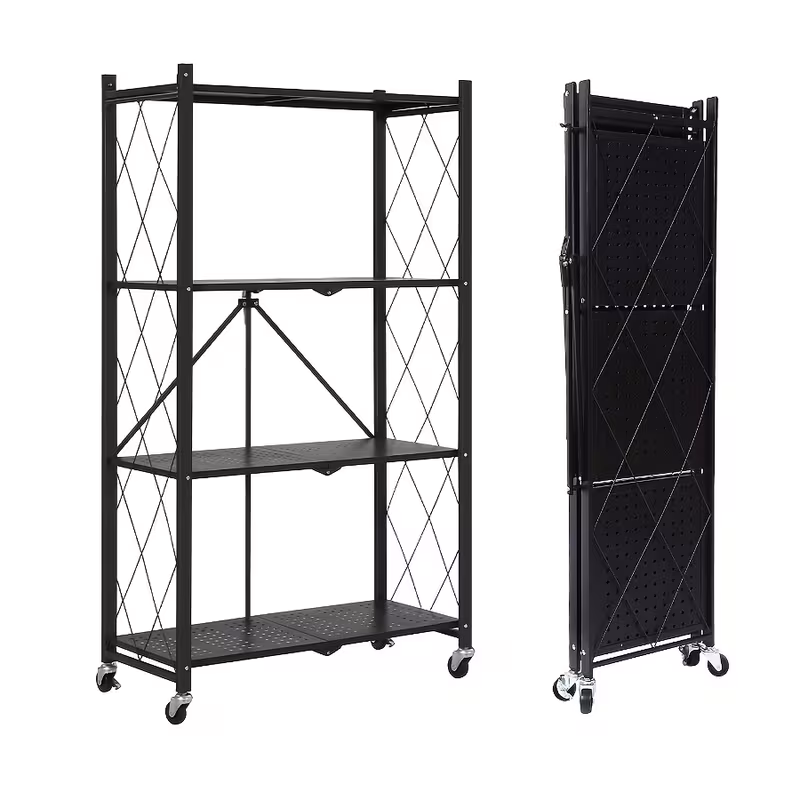 Fold & Roll 4-Shelf Storage Rack, No-Assembly Metal Organizer on Wheels for Kitchen, Pantry, Closet - Easy Collapsible, Black