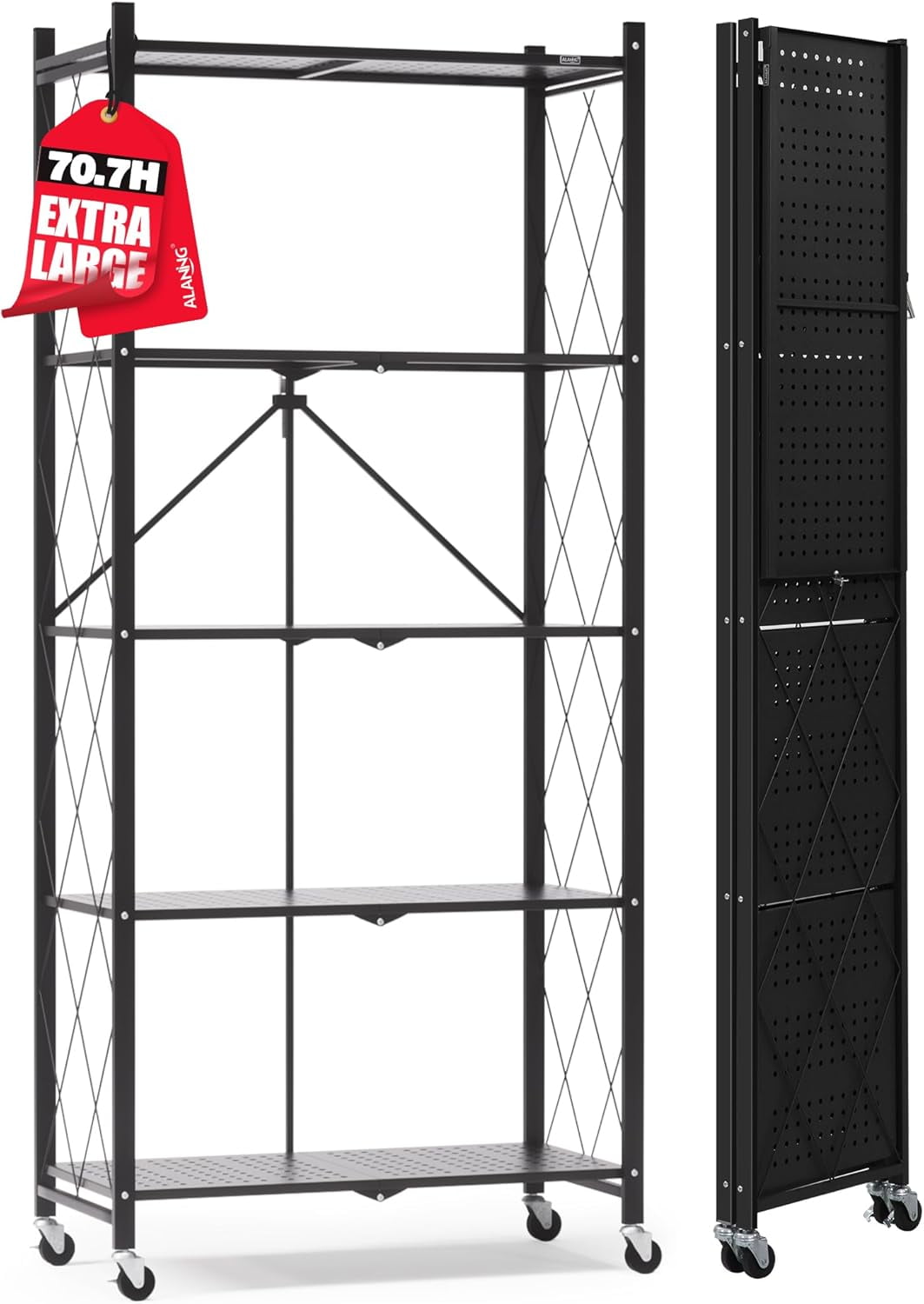 Fold & Roll 5-Shelf Storage Rack, No-Assembly Metal Organizer on Wheels for Kitchen, Pantry, Closet - Easy Collapsible, Black