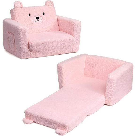 Fold Out Toddler Couch, Comfy 2-in-1 Cuddly Sherpa Bear Chair for Kids, Convertible Sofa to Lounger, Kids Cozy Corner Play Couch for Boys and Girls, Pink