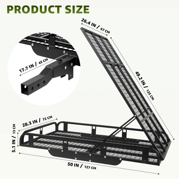 Fold Down Trailer Frame 500 LBS, Folding Hitch Mount Cargo Basket for Pickup Truck, Heavy Duty Cargo Carrier with Stabilizer, Rear Haul Platform Offroad for Camper SUV