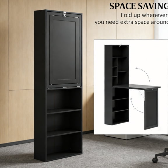 Fold Out Wall Mounted Desk Black Writing Board Storage Shelves Drop Down Laptop Computer Table Home Office Study Dorm Bedroom Compact Floating Workstation Space Saving MDF Pine Wood Organizer 60.25in