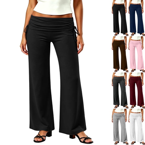 Fold Over Yoga Pants For Women Wide Leg High Waist Gym Stretch Fall Lounge Gaucho Pants | Breathable High Waistband Tummy Control Workout Pants Black L