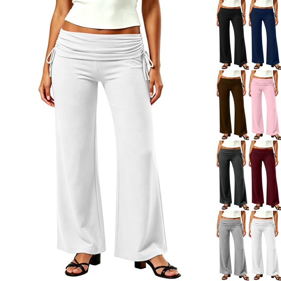 Fold Over Yoga Pants For Women Wide Leg High Waist Gym Stretch Fall Lounge Gaucho Pants | Breathable High Waistband Tummy Control Workout Pants White S