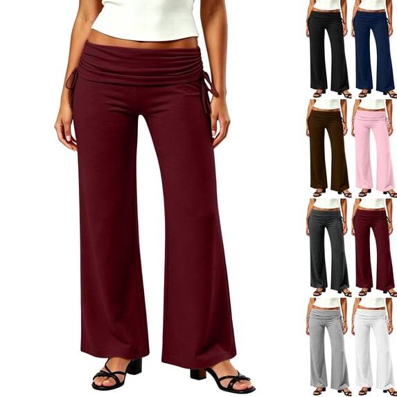Fold Over Yoga Pants For Women Wide Leg High Waist Gym Stretch Fall Lounge Gaucho Pants | Breathable High Waistband Tummy Control Workout Pants Wine S