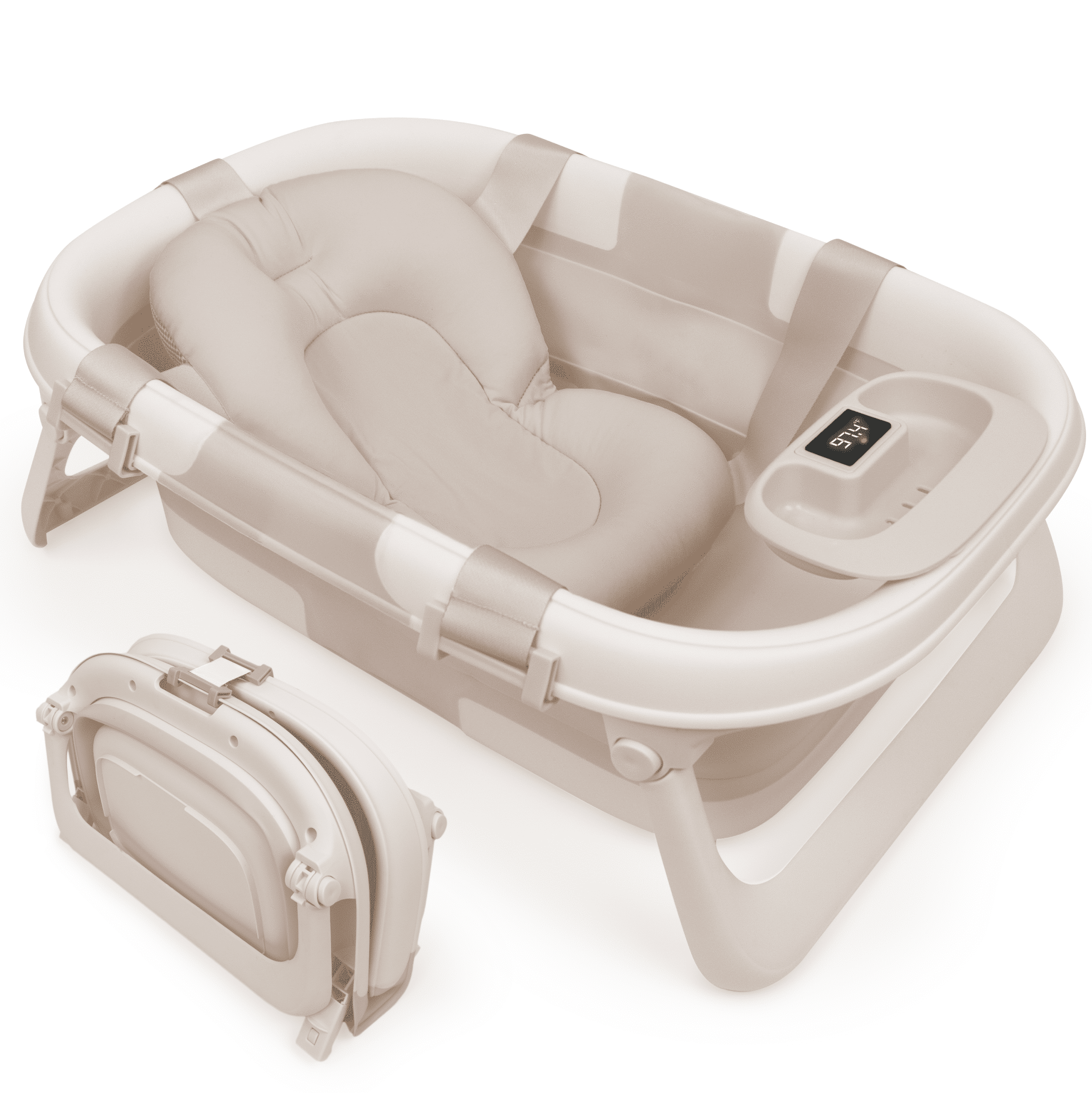 Jool Baby Fold ‘n Store Baby Bathtub – 3 Stage Collapsible Bather for Easy Storage, Portable for Travel – Built-in Thermometer (Oatmeal)