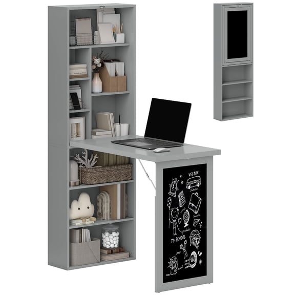 Fold-out Convertible Office Desk, Wall Mount Computer Desk with Chalkboard and Storage Shelves, Charcoal Gray