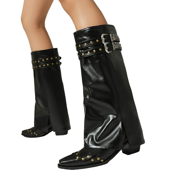 Fold over Boots for Women Vintage Punk Studded Buckles Leather Pointed Toe Pull on Wide Mid Calf Tall Boots