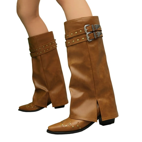 Fold over Boots for Women Vintage Punk Studded Buckles Leather Pointed Toe Pull on Wide Mid Calf Tall Boots