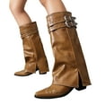 thumbnail image 1 of Fold over Boots for Women Vintage Punk Studded Buckles Leather Pointed Toe Pull on Wide Mid Calf Tall Boots, 1 of 5