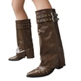 thumbnail image 1 of Fold over Boots for Women Vintage Punk Studded Buckles Leather Pointed Toe Pull on Wide Mid Calf Tall Boots, 1 of 6