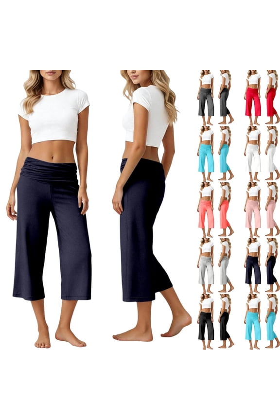 Fold over Gaucho Pants for Women Wide Leg Coral Capri Pants Elastic Low Waisted Yoga Leggings Stretchy Summer Casual Culottes Navy XXL