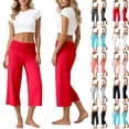thumbnail image 1 of Fold over Gaucho Pants for Women Wide Leg Coral Capri Pants Elastic Low Waisted Yoga Leggings Stretchy Summer Casual Culottes Red S, 1 of 7