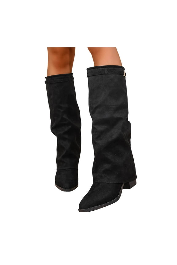 Fold over Knee High Boots for Women Fashion Suede Pointed Toe Covered Chunky Heeled Pull on Shark Tall Boots
