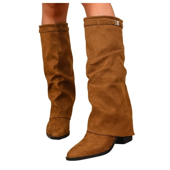 Fold over Knee High Boots for Women Fashion Suede Pointed Toe Covered Chunky Heeled Pull on Shark Tall Boots