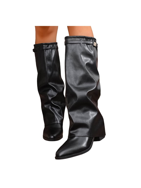 Fold over Knee High Boots for Women Slouchy Leather Pointed Toe Hidden Chunky Heeled Pull on Tall Shark Boots Black