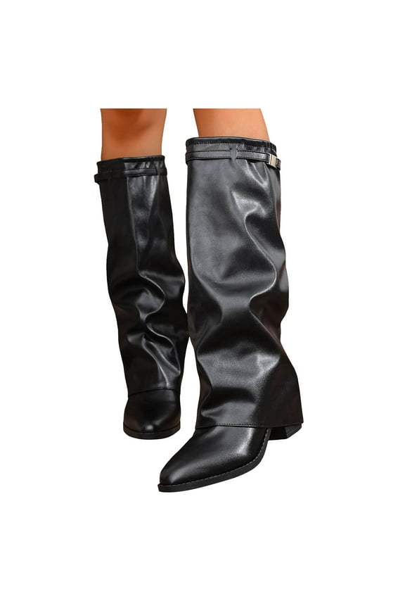 Fold over Knee High Boots for Women Slouchy Leather Pointed Toe Hidden Chunky Heeled Pull on Tall Shark Boots Black