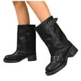 thumbnail image 1 of Fold over Mid Calf Boots for Women Vintage Leather Buckles Square Toe Chunky Heels Motorcycle Riding Tall Boots Black Size 6.5, 1 of 7