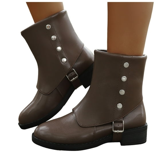 Fold over Mid Calf Combat Boots for Women 2025 Roman Vintage Studded Leather Foldover Riding Boots Brown Size 8