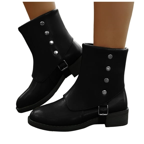 Fold over Mid Calf Combat Boots for Women 2025 Roman Vintage Studded Leather Foldover Riding Boots Black Size 6