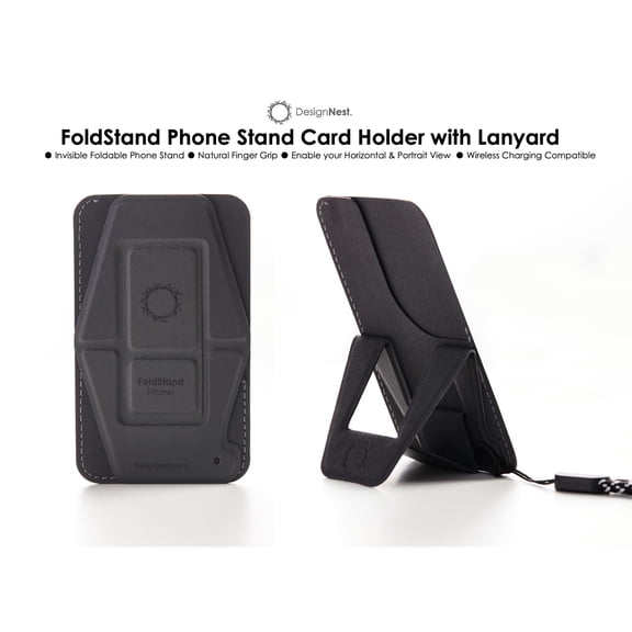 FoldStand Phone Stand Card Holder; Foldable Invisible Design; Finger Grip; Security Lanyard; Portrait and horizontal View; Wireless Charging Compatible; Grey