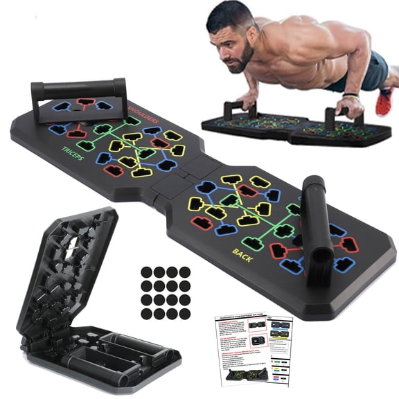 Foldable 15-in-1 Push Up Board, Multi-Function Color-Coded Push Up Bar, Portable Home Gym Strength Training Equipment for Full Body Workout, Black