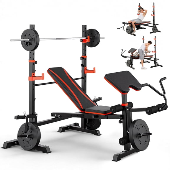 Foldable 1500LBS 6 IN 1 Olympic Weight Bench Set with Squat Rack, Leg Extension/Curl & Preacher Curl, Adjustable Bench Press Set with Safety Bar Catches for Home Gym Full Body Workout