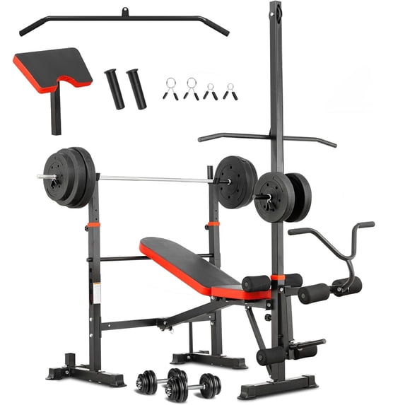 Foldable 1500LBS 8 IN 1 Olympic Weight Bench Set with Squat Rack, Leg Extension/Curl & Preacher Curl, Adjustable Bench Press Set with Safety Bar Catches for Home Gym Full Body Workout