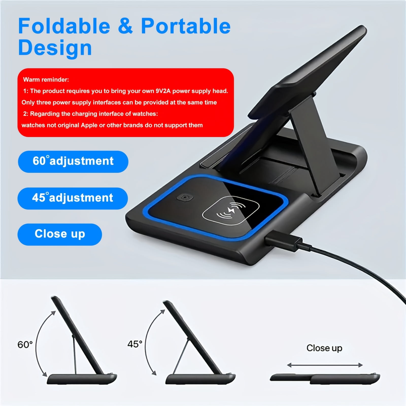 Foldable 15W Fast Charging Base for Iphone 15, 14, 13, 12 Pro Max, Apple Watch 8, 7, And Airpods - 3 in 1 Wireless Charger Stand Pad