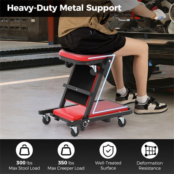Foldable 2 In 1 Auto Repair Creeper Stool Padded Comfort Seat 6 Smooth Rolling Casters Heavy Duty Load For Garage Workshop Repair