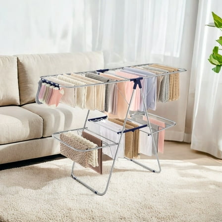 Foldable 2-Level Clothes Drying Rack with Adjustable Height Wings, 33 Drying Rails, and Sock Clips, Free-Standing Laundry Rack Clothes Dryer.