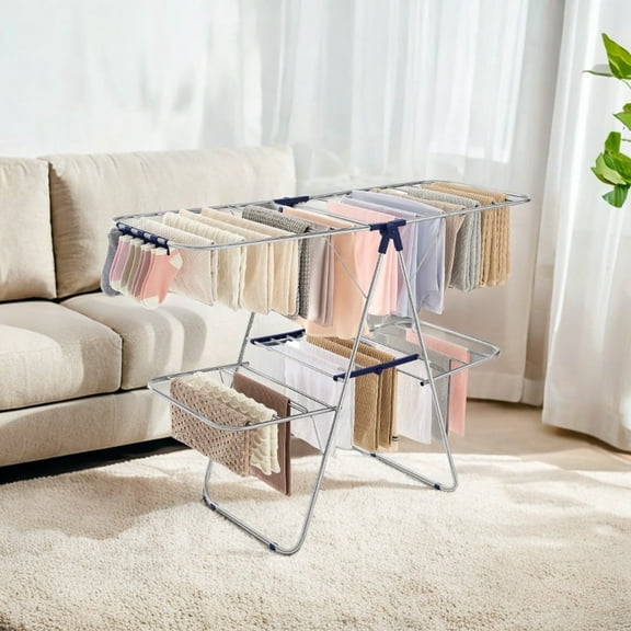 Foldable 2-Level Clothes Drying Rack with Adjustable Height Wings, 33 Drying Rails, and Sock Clips, Free-Standing Laundry Rack Clothes Dryer.