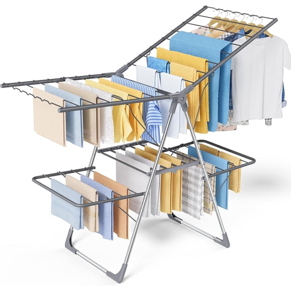 Sakugi Clothes Drying Rack, Foldable 2-Level Laundry Rack with Height-Adjustable Wings, for Clothing & Bedding, Free-Standing Space-Saving Indoor Outdoor, 55.5" L × 22.8" W, Gray