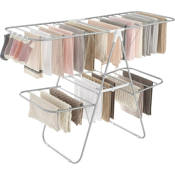 Foldable 2-Tier Clothes Drying Rack with Height-Adjustable Wings, 33 Drying Rails, and 27 Sock Clips, Silver and White