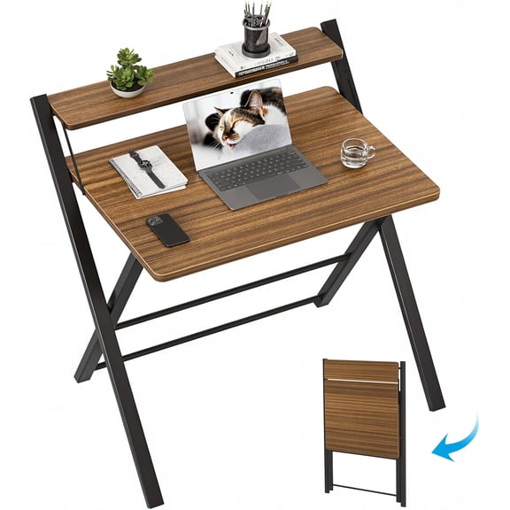 Foldable 2-Tier Compact Espresso Computer Desk with Shelf, Modern Rectangular Space-Saving Laptop Table, 22" D x 27.3" W, Walnut Top and Black Metal Base