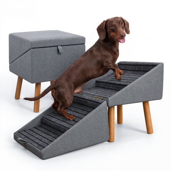 Foldable 2-in-1 Pet Ramp Stairs Storage Ottoman, 17 Inch Solid Wood Dog Steps Anti-Slip Surface for Sofa Bed, Holds 220 Lbs for Small Dogs & Cats