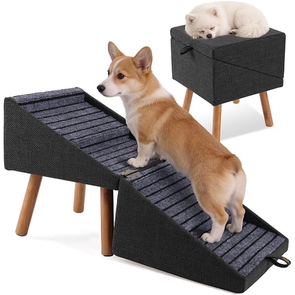 Foldable 2-in-1 Pet Ramp Stairs Storage Ottoman, 17 Inch Solid Wood Dog Steps Anti-Slip Surface for Sofa Bed, Holds 220 Lbs for Small Dogs & Cats