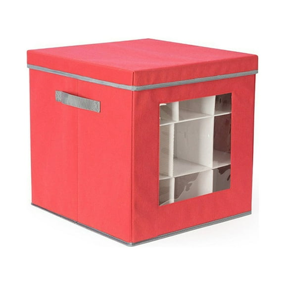 Foldable 27 Grids Christmas Storage Box, Red Non-Woven Fabric Organizer with 3 Cardboard Wraps, Holiday Bulb & Decoration Storage Bin, Large Capacity, Easy Carry Handles