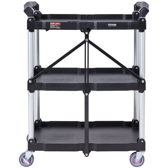 Foldable 3 Shelf Utility Service Cart 165LBS Capacity Heavy Duty Plastic Rolling Cart with Lockable Wheels Ergonomic Handle Portable Tool Cart for Warehouse Office Home 25.62x15.43x32.76 Inches