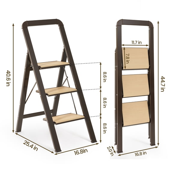 Foldable 3 Step Ladder for Adults with Wide Anti-Slip Pedal, Aluminium Lightweight Step Stool for Home Kitchen Office, 450 lbs Capacity, Brown