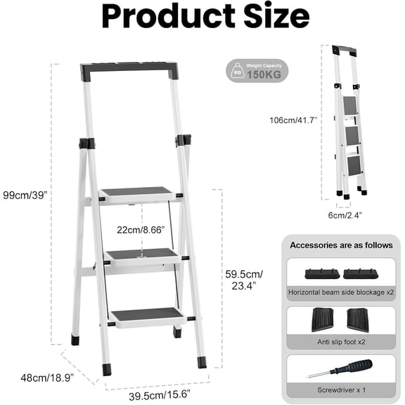 Foldable 3 Step Stool for Adults, Heavy-Duty Steel Ladder with Tool Platform, Wide Anti-Slip Pedals & Secure Feet, 330lbs Capacity, Easy Storage White