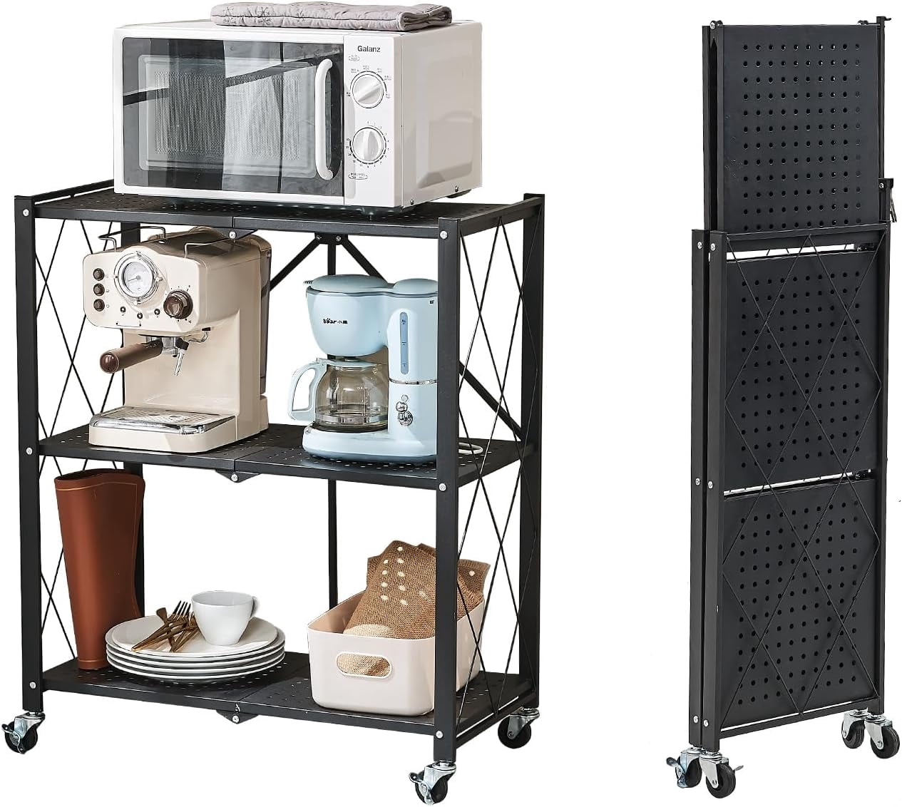 Foldable 3-Tier Heavy Duty Storage Rack with Wheels,Rolling Utility ...