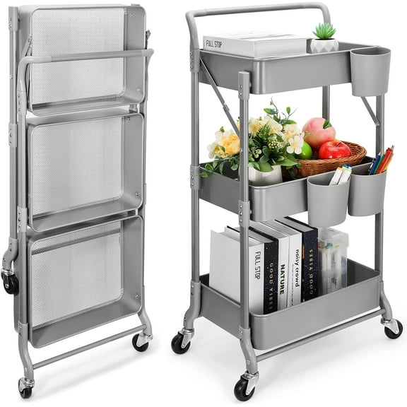 Foldable 3 Tier Metal Utility Rolling Cart, Folding Mobile Multi-Function Storage Trolley Organizer Cart for Home Library Office(Grey)