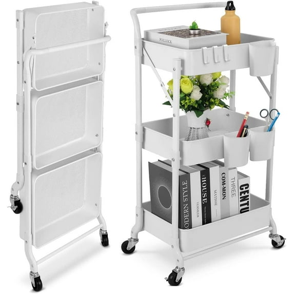Foldable 3 Tier Metal Utility Rolling Cart, Folding Mobile Multi-Function Storage Trolley Organizer Cart for Home Library Office(White)