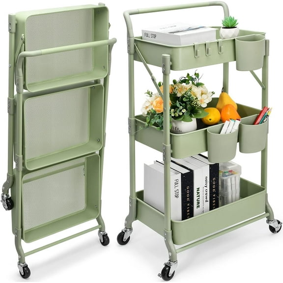 3 Tier Rolling Cart, Metal Utility Cart, Folding Mobile Multi-Function Storage Trolley Organizer Cart for Home Library Office(Green)