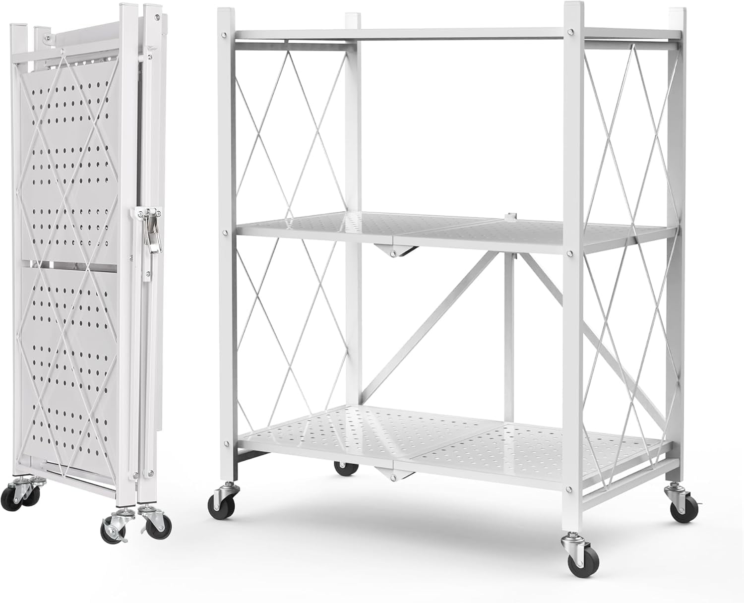 White 3-Tier Foldable Metal Storage Shelf with Wheels