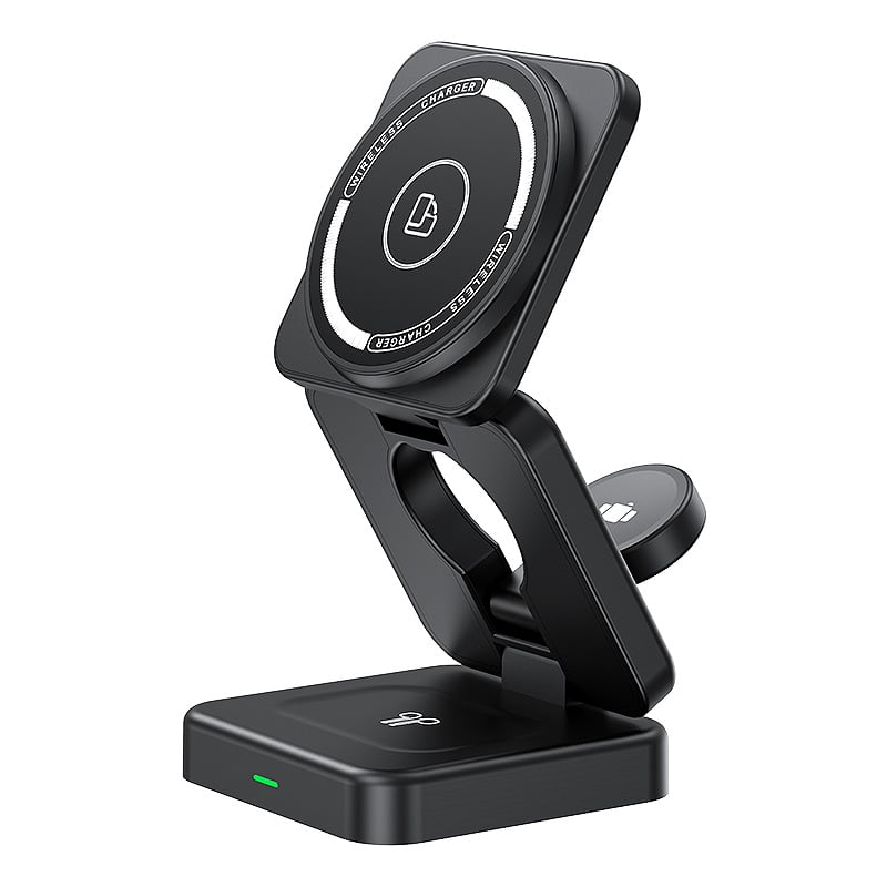 Foldable 3-in-1 Magnetic Wireless Charging Stand for iPhone 17/16/15/14/13/12, Apple Watch All Series, AirPods, 15W Fast Charging, 22.5W Total, N52 Magnets, AI Temp Control, Travel Portable, Black