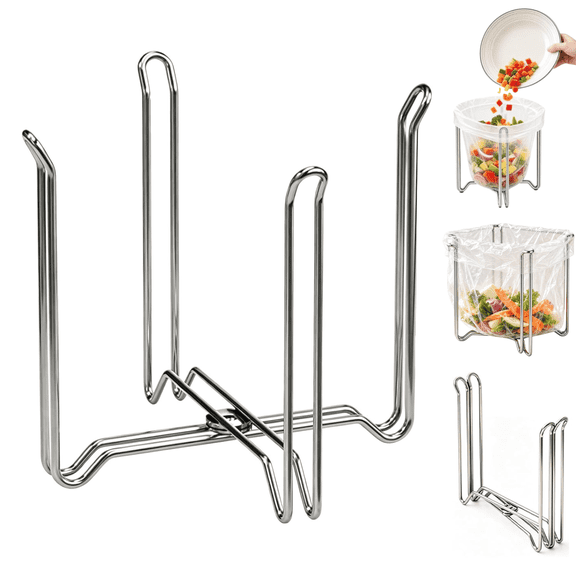 Foldable 304 Stainless Steel Trash Bag Holder, Countertop Garbage Holders, Portable Plastic Bag Support Rack for Kitchen Counter, Camping, Office