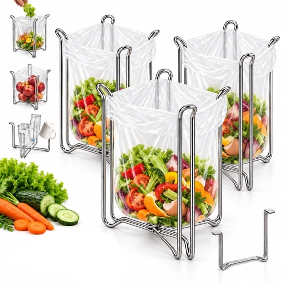 Foldable 304 Stainless Steel Trash Bag Holder,Kitchen Stand Holder Multi - Purpose Countertop Garbage Bag Stand, Portable Plastic Bag Support Rack for Kitchen Counter, Camping, Office